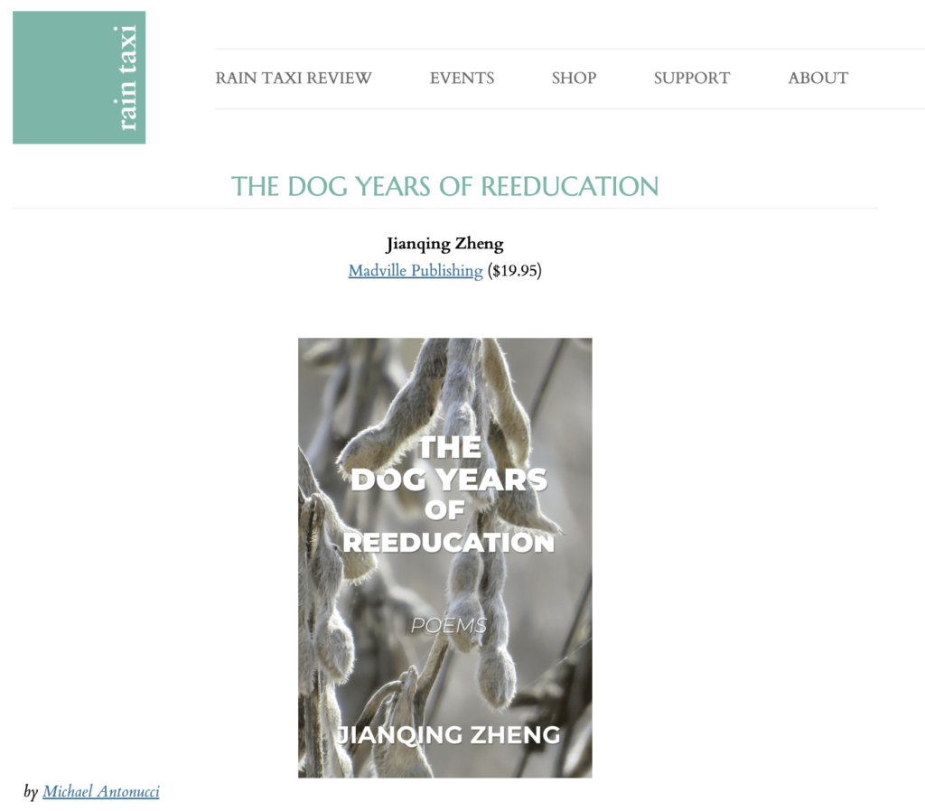Screencapture of Rain Taxi website showing a review of THE DOG YEARS OF REEDUCATION by Jianqing Zheng, and reviewed by Michael Antonucci
